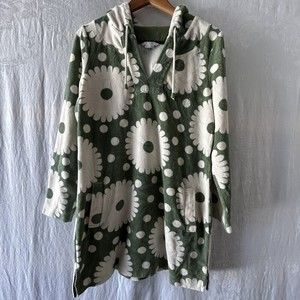 Boden 10 Tunic Terry Cloth Swim Wear Cover Up Hooded Green White Daisy Floral